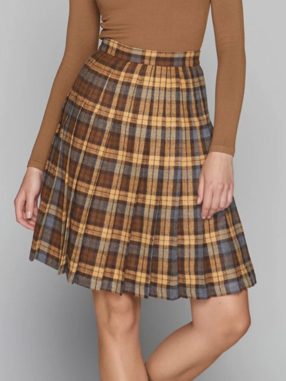 Apparalel Briar Pleated Wool Plaid Midi Skirt in Caramel